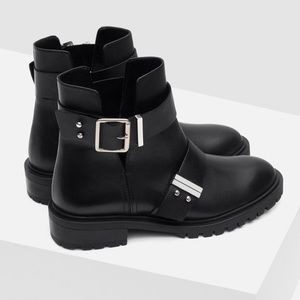 Zara black leather biker booties with buckle